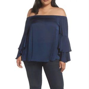 NWT Vince Camuto Plus Size Womens 2X Bell Ink Blue Sleeve Off Shoulder Blouse